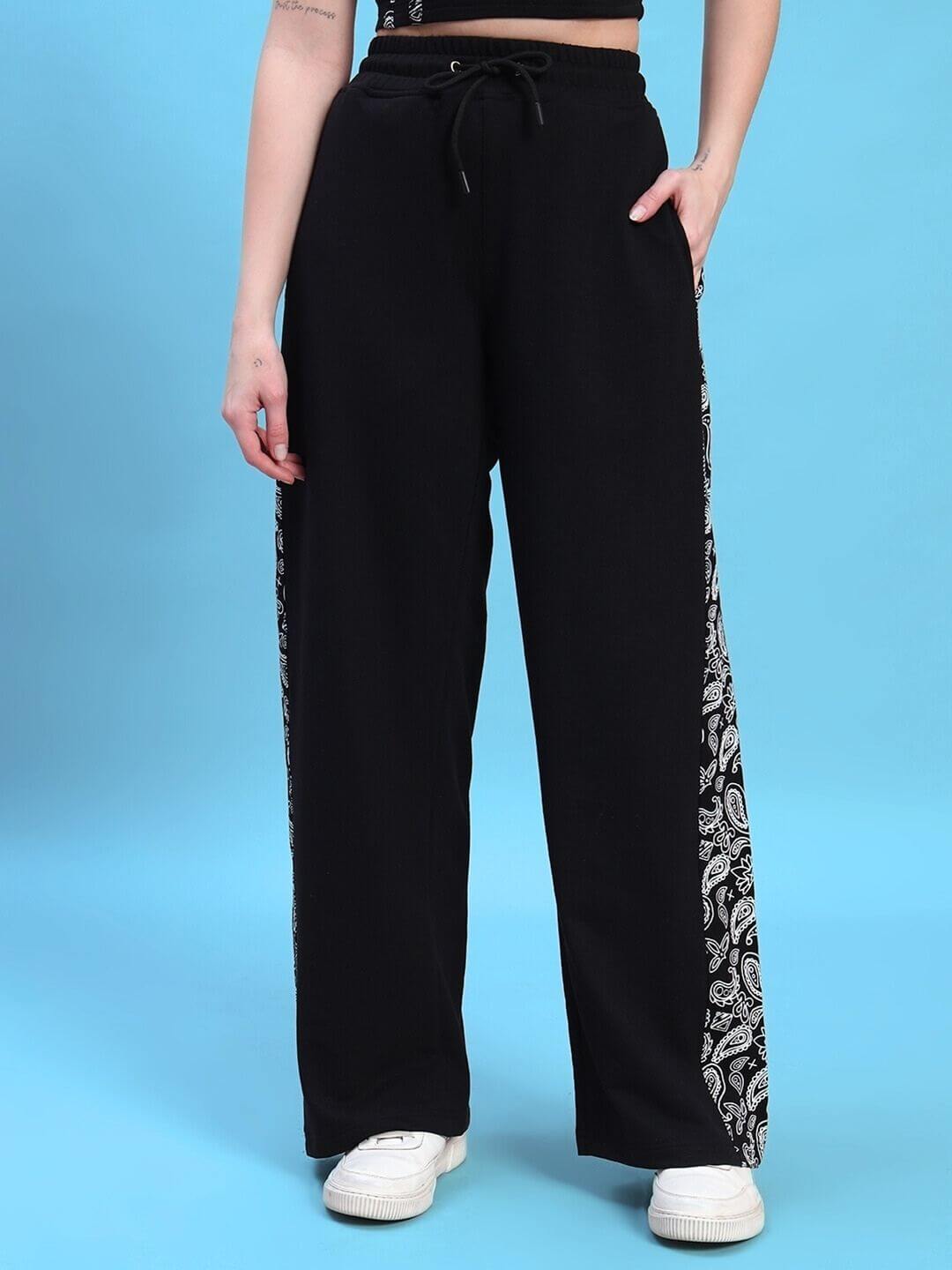 Women's Waltz Relaxed Fit Joggers in black with side patterns, showcasing a comfortable and stylish design.