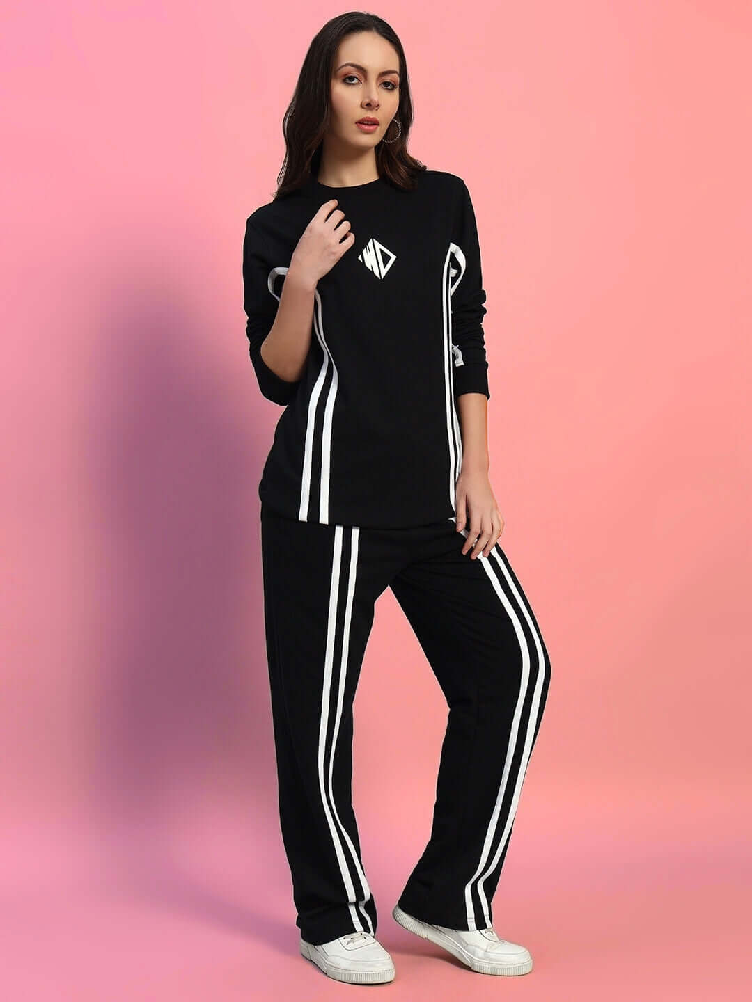 Women's black Outlook Co-ord Set with relaxed fit joggers, elastic waistband, red & white contrast panels. Premium cotton blend.