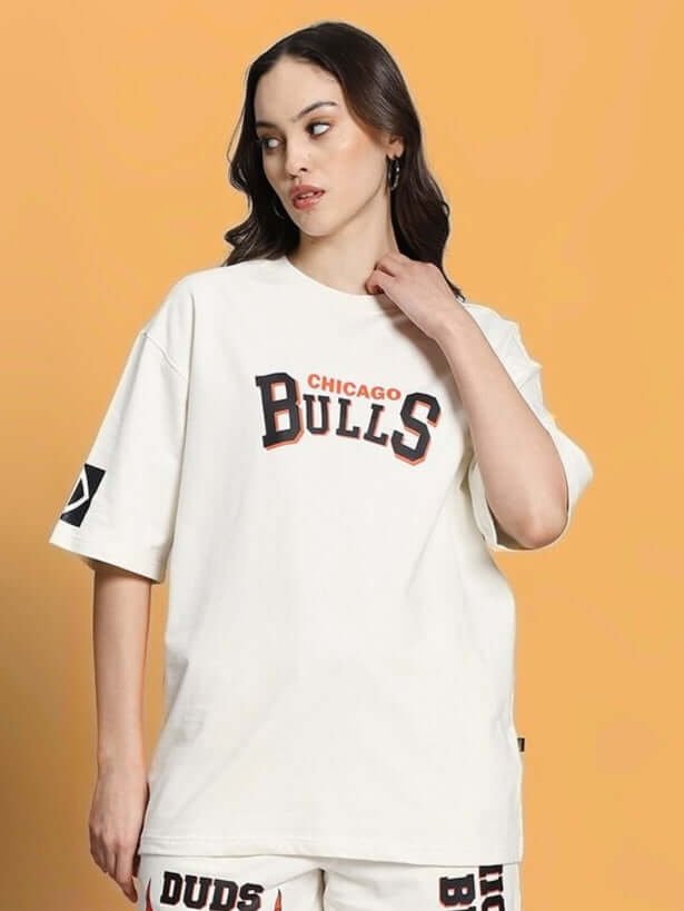 Women's oversized off-white T-shirt with Blaze Bulls print, made from premium cotton blend fabric, comfortable and stylish fit.