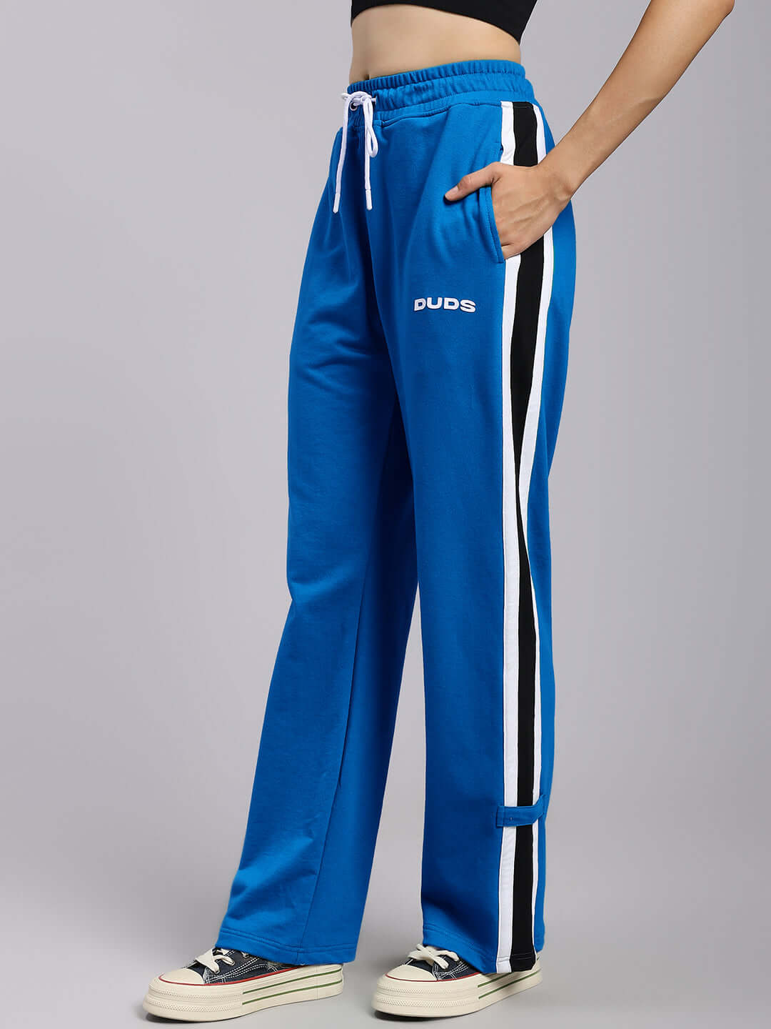 Women's Rosston Flat-Out Relaxed Fit Joggers in Blue with side stripes, shown worn, highlighting custom fit option by DUDS.
