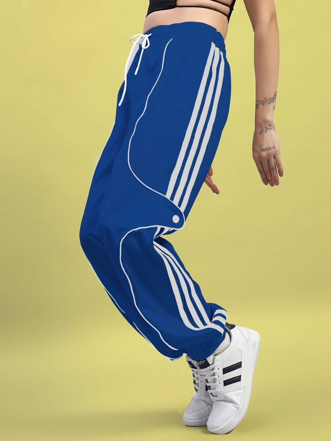 Women's Blue Bolson Stripes Relaxed-Fit Joggers with White Sneakers, Custom Fit Option, Comfortable Women's Athletic Wear