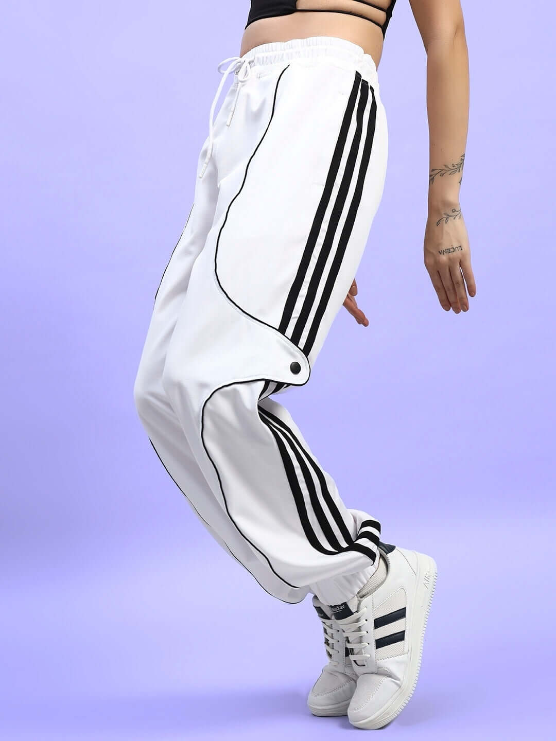 Women's Bolson Stripes Relaxed-Fit Joggers White, stylish joggers with black stripes, customizable size option available.