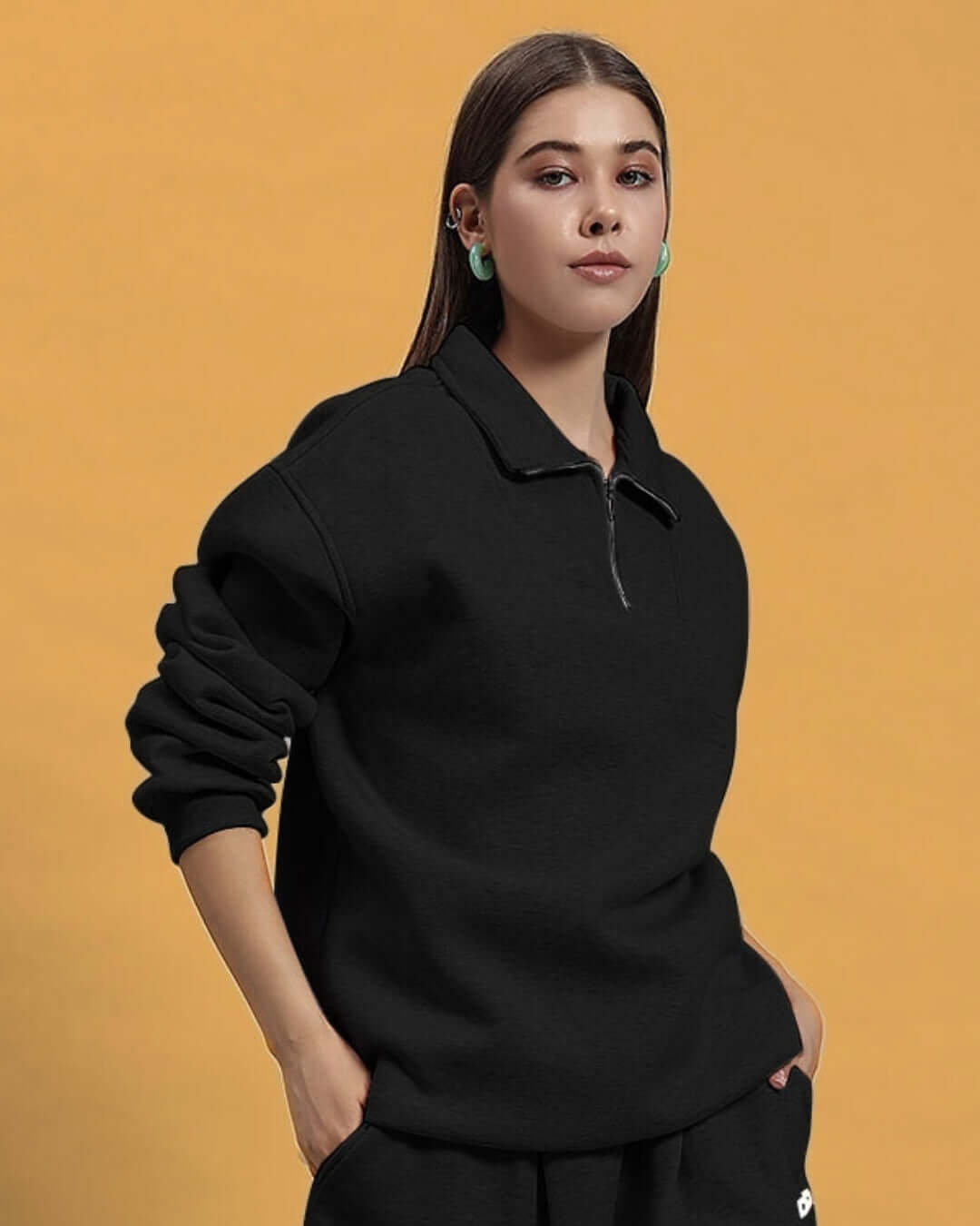 Woman wearing Women's Bona-Fide Black Sweatshirt made by DUDS, stylish with a zip collar, customizable size option, made to order.