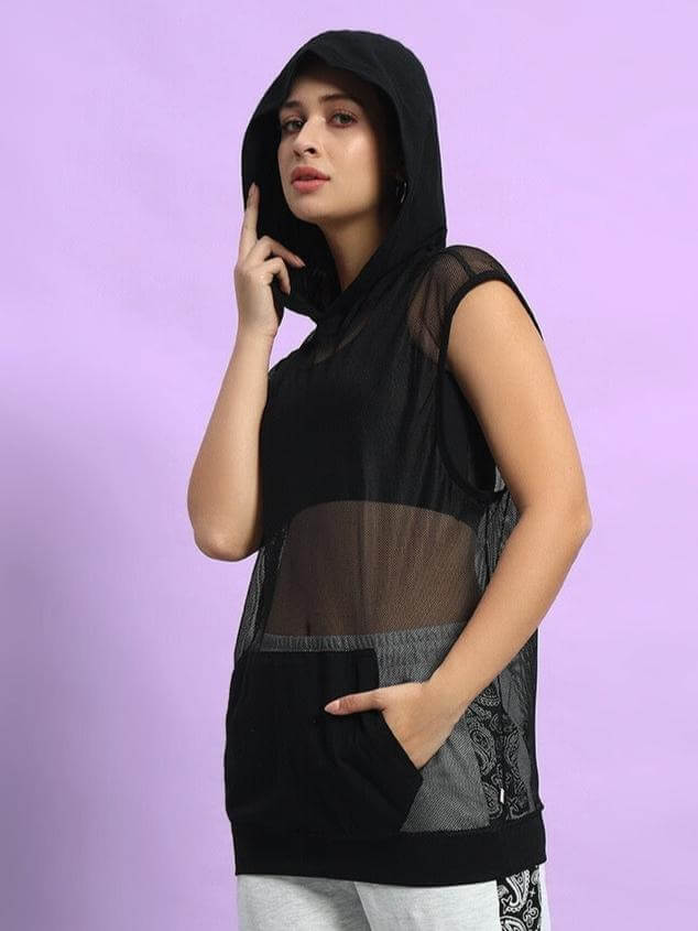 Women's black boogie mesh sleeveless hoodie vest, stylish and comfortable, with pocket detail and hood, ideal for casual wear.