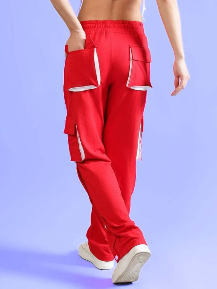 Back view of WOMEN'S BRACKET CARGO PANT RED & WHITE HIGHLIGHTER, showing relaxed fit and contrasting white accents against red fabric.