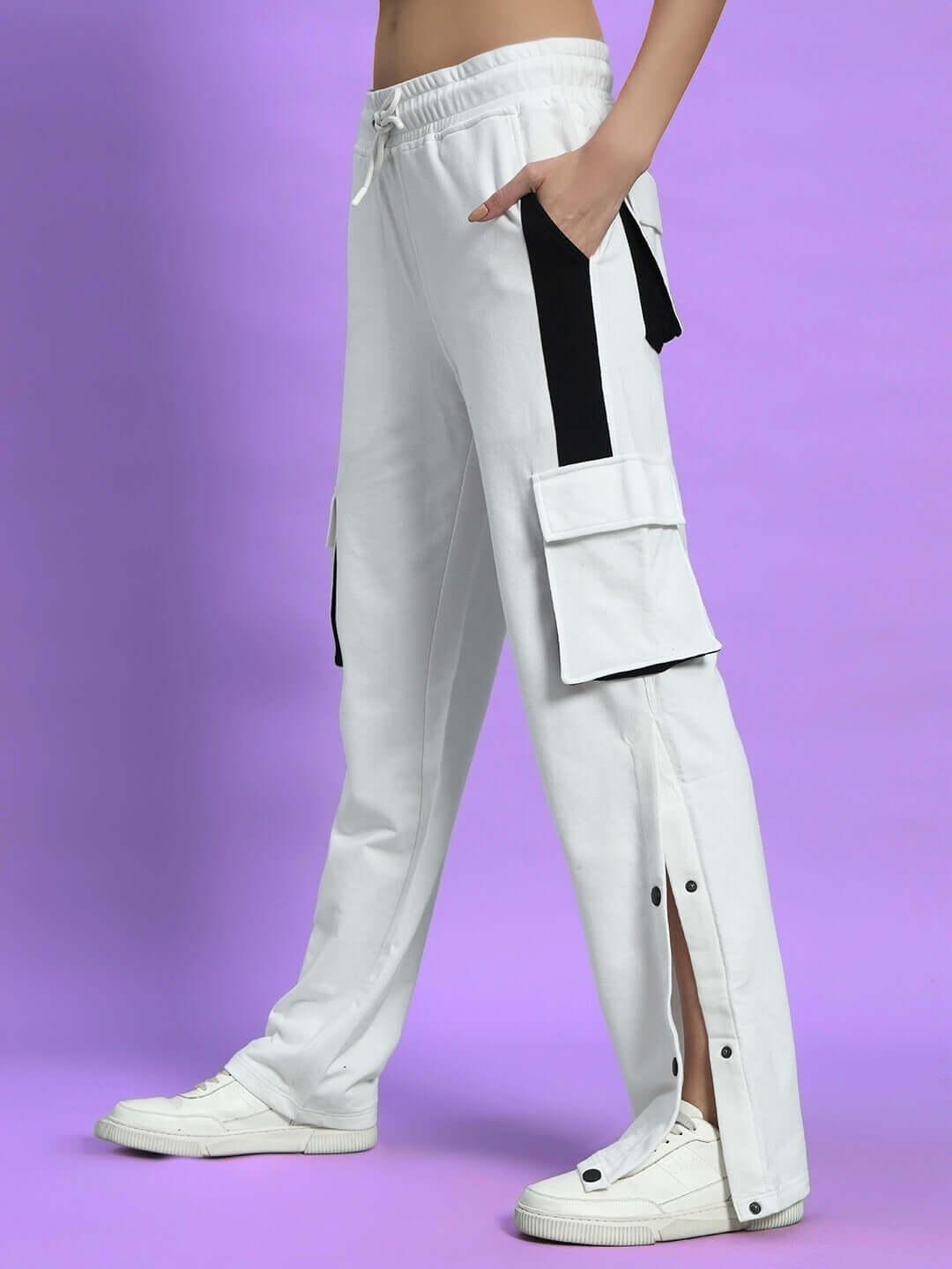 Stylish WOMEN'S BRACKET CARGO PANT WHITE BLACK HIGHLIGHTER with neon accents and multiple pockets for a bold look, perfect for modern women.
