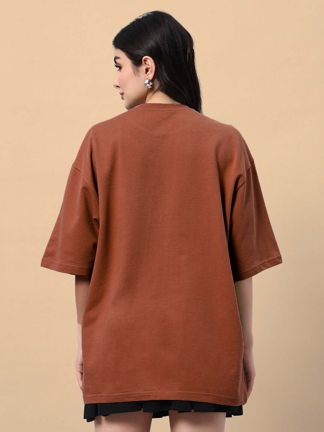Brown Women's Teddy Bean T-Shirt in premium cotton French terry fabric, back view, featuring heavy gauge material.
