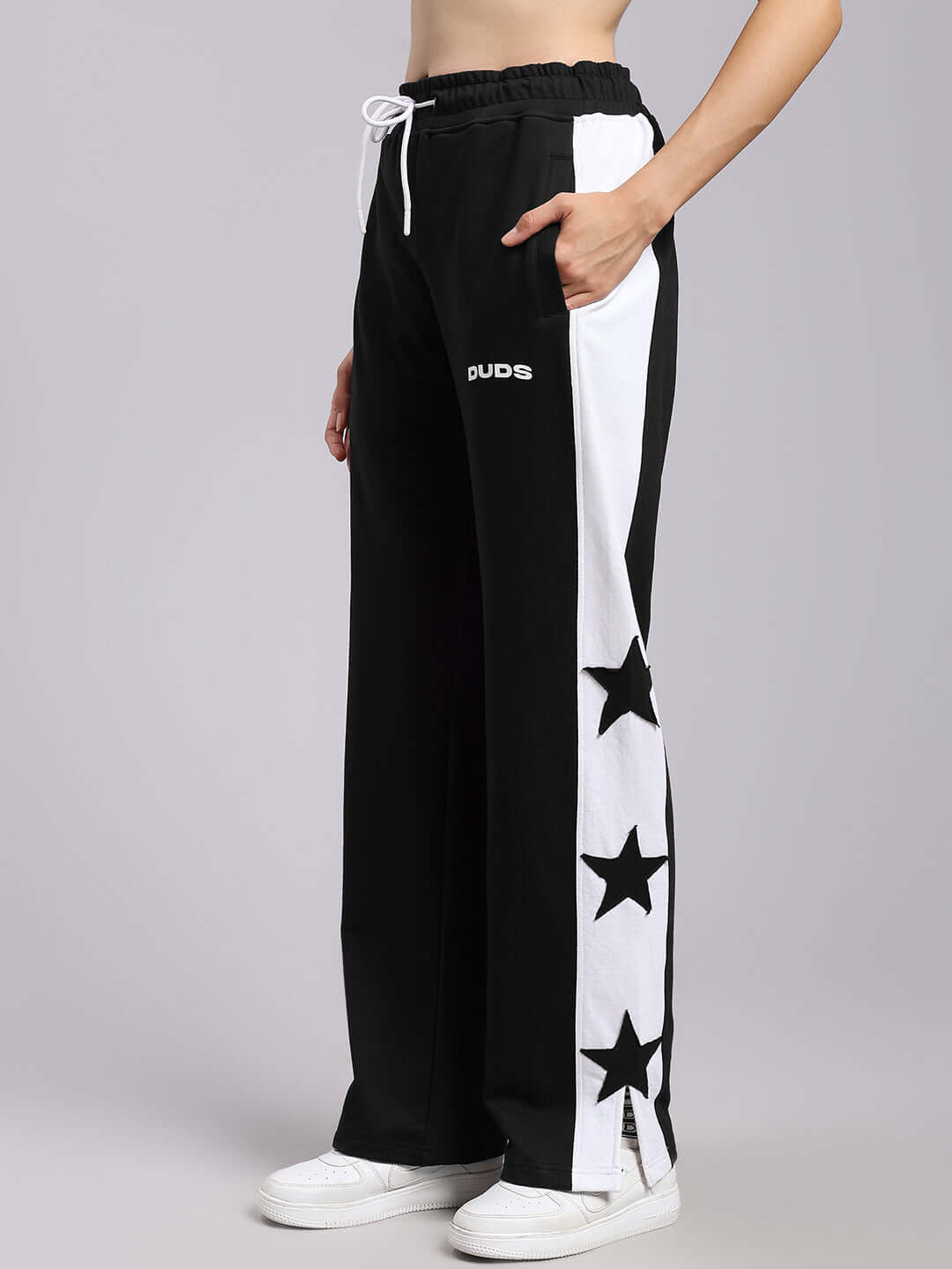 Women's Brox Star Relaxed Fit Joggers in Black-White with Star Design and Drawstring Waist; Made-to-Order by DUDS Tailors