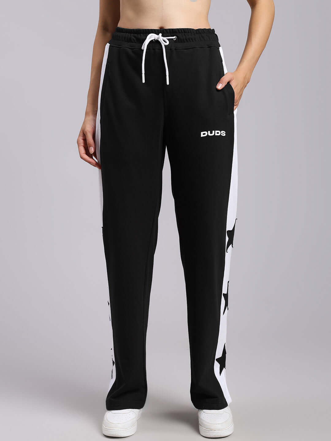 Women's black-white relaxed fit joggers by DUDS with star detail, drawstring waist, custom fit option available.