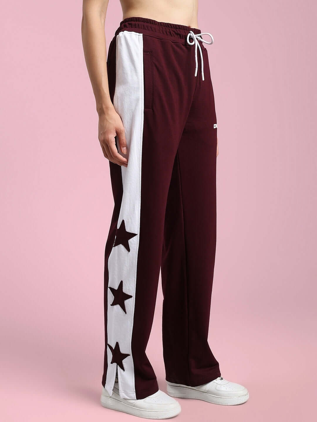 Women's Brox Star Relaxed Fit Joggers in maroon with white star accents, ideal for casual wear; customizable size available from DUDS.