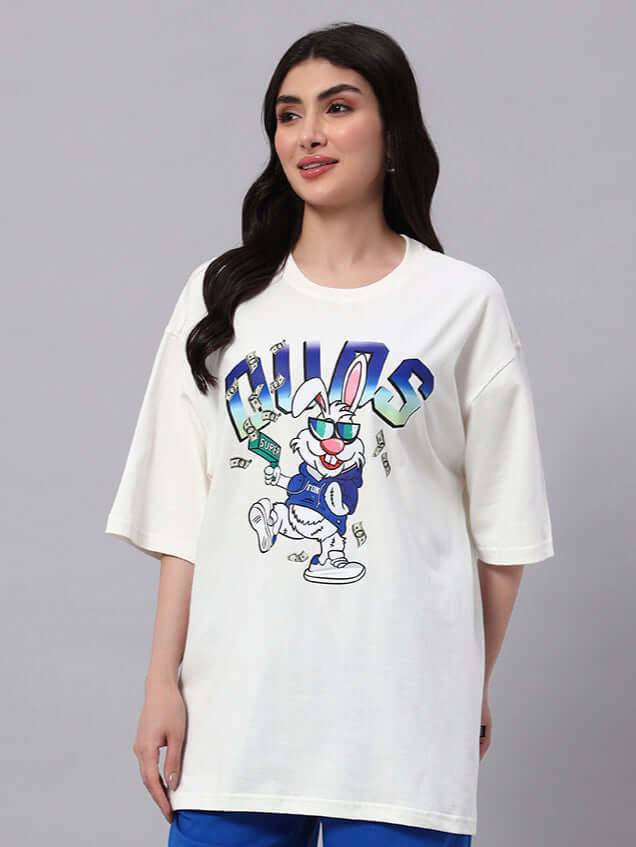 Woman wearing WOMENS BUNNY BUGS OVERSIZED T-SHIRT OFF-WHITE with playful bunny print.