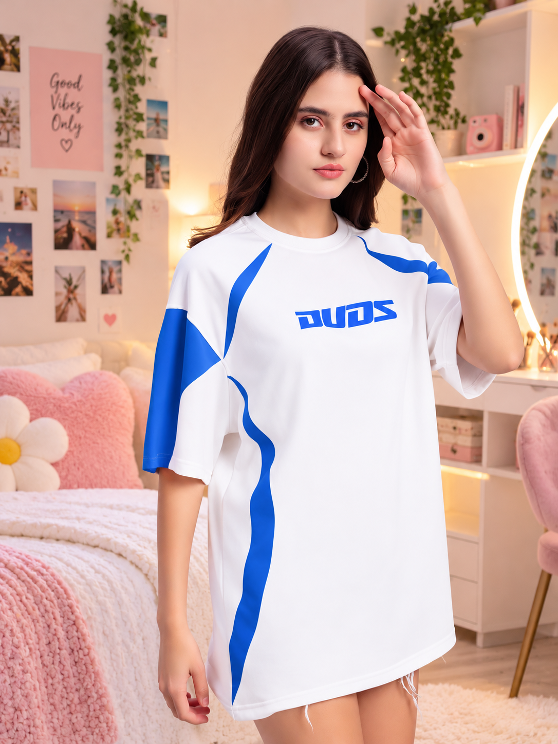 WOMEN'S CANDOR OVER-SIZED T-SHIRT WHITE BLUE - Wearduds, view 1