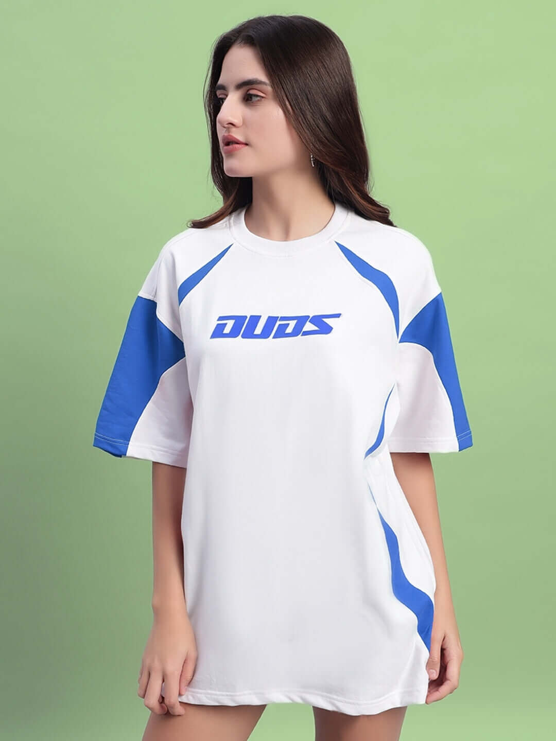 Women's Candor oversized t-shirt in white and blue, made with premium heavy gauge fabric, showcasing a stylish and comfortable design.