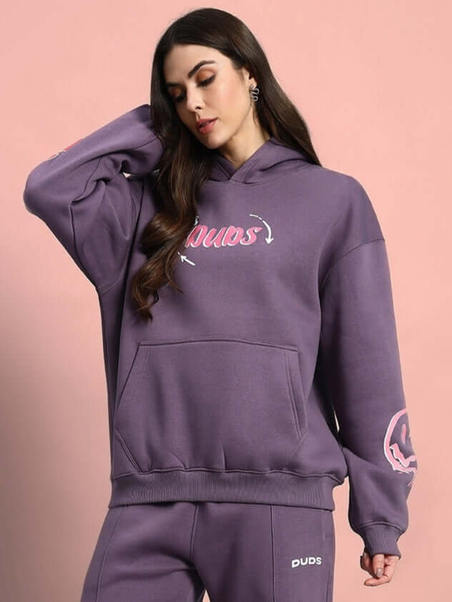 WOMEN CASPER OVERSIZED FLEECE HOODIE VIOLET with stylish design worn by model, showcasing its premium fleece and vibrant color.
