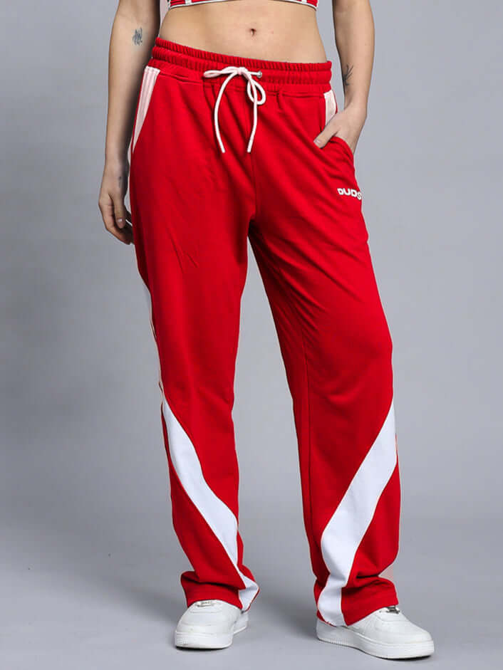 Women's Celestine Cool Relaxed Fit Jogger in red and white, styled with comfortable drawstring waist, perfect for casual wear.