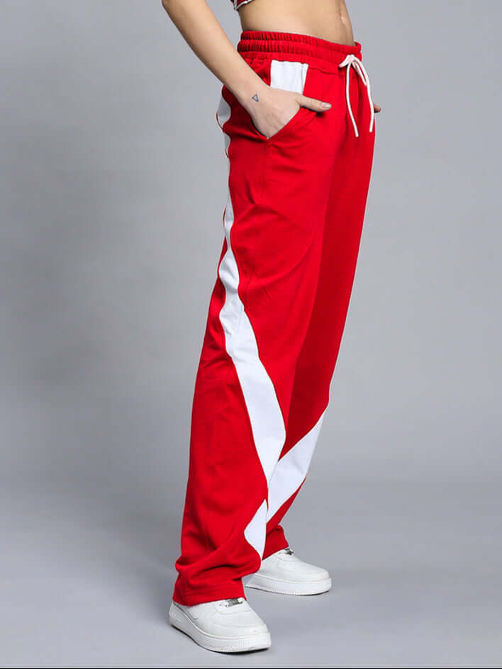 Women's Celestine Cool Relaxed Fit Jogger in red with white stripes, showcasing side pocket and sporty design.