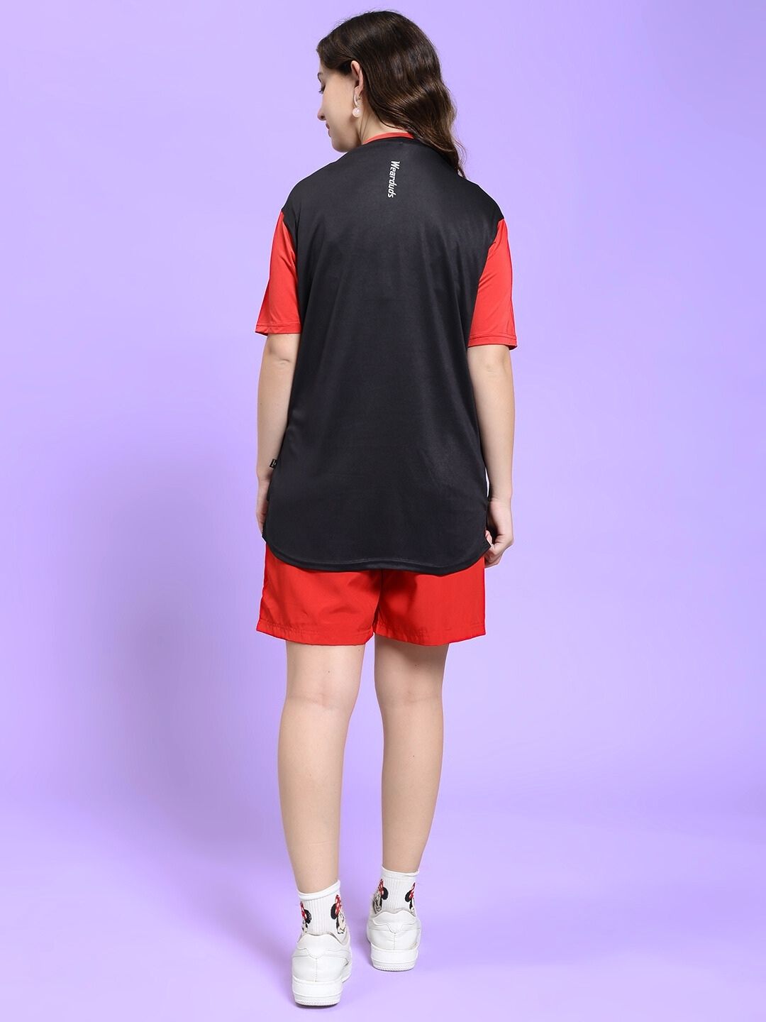 Back view of WOMEN CHAMPION ZONE REGULAR FIT CO-ORD SET BLACK RED showcasing sporty elegance.
