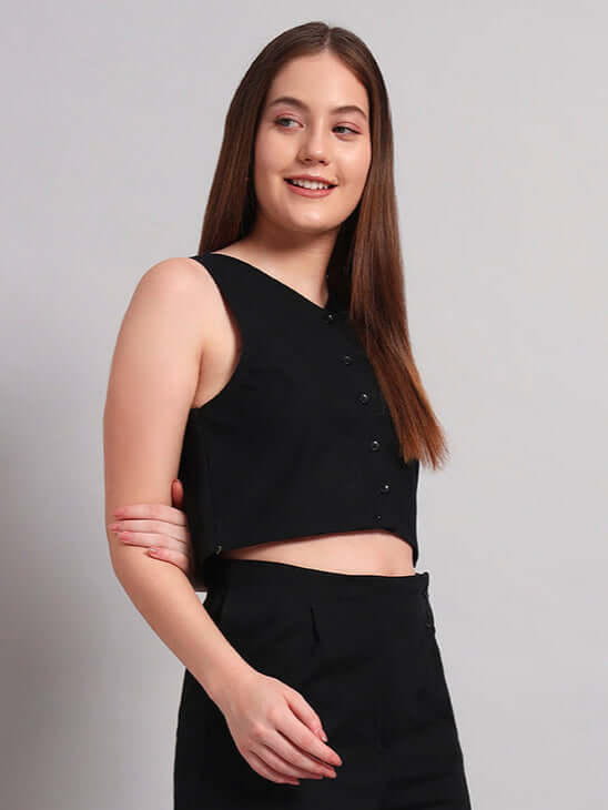 WOMEN CHIC CROP-TOP V NECK BLACK modern fashion style