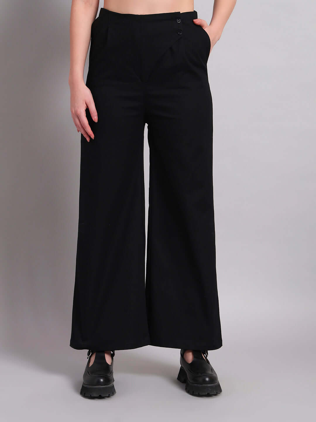 Women's chic relaxed fit black jogger pants with buttons and wide leg style, made by DUDS.