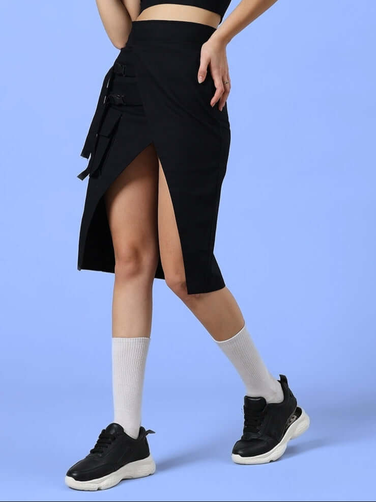 Model wearing black Cooksey designer skirt with side slit, perfect for fashion-forward women seeking customizable fit and style