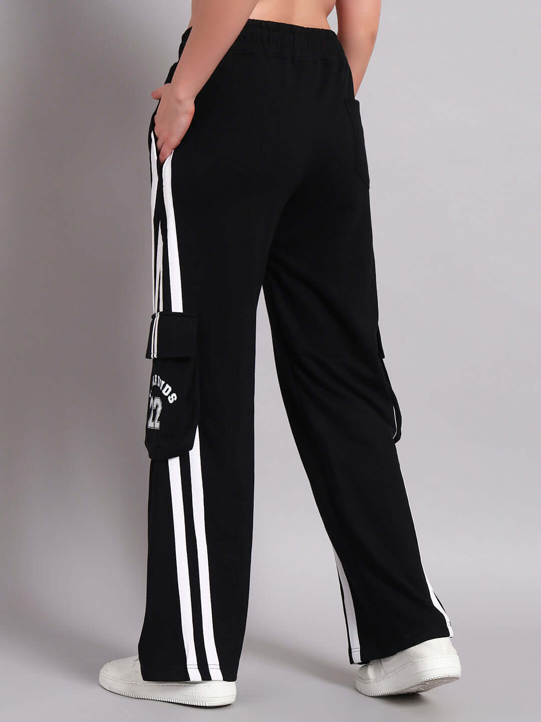 Back view of WOMENS CRUCIS MULTI POCKET RELAXED-FIT JOGGERS BLACK showing multiple pockets and relaxed fit.