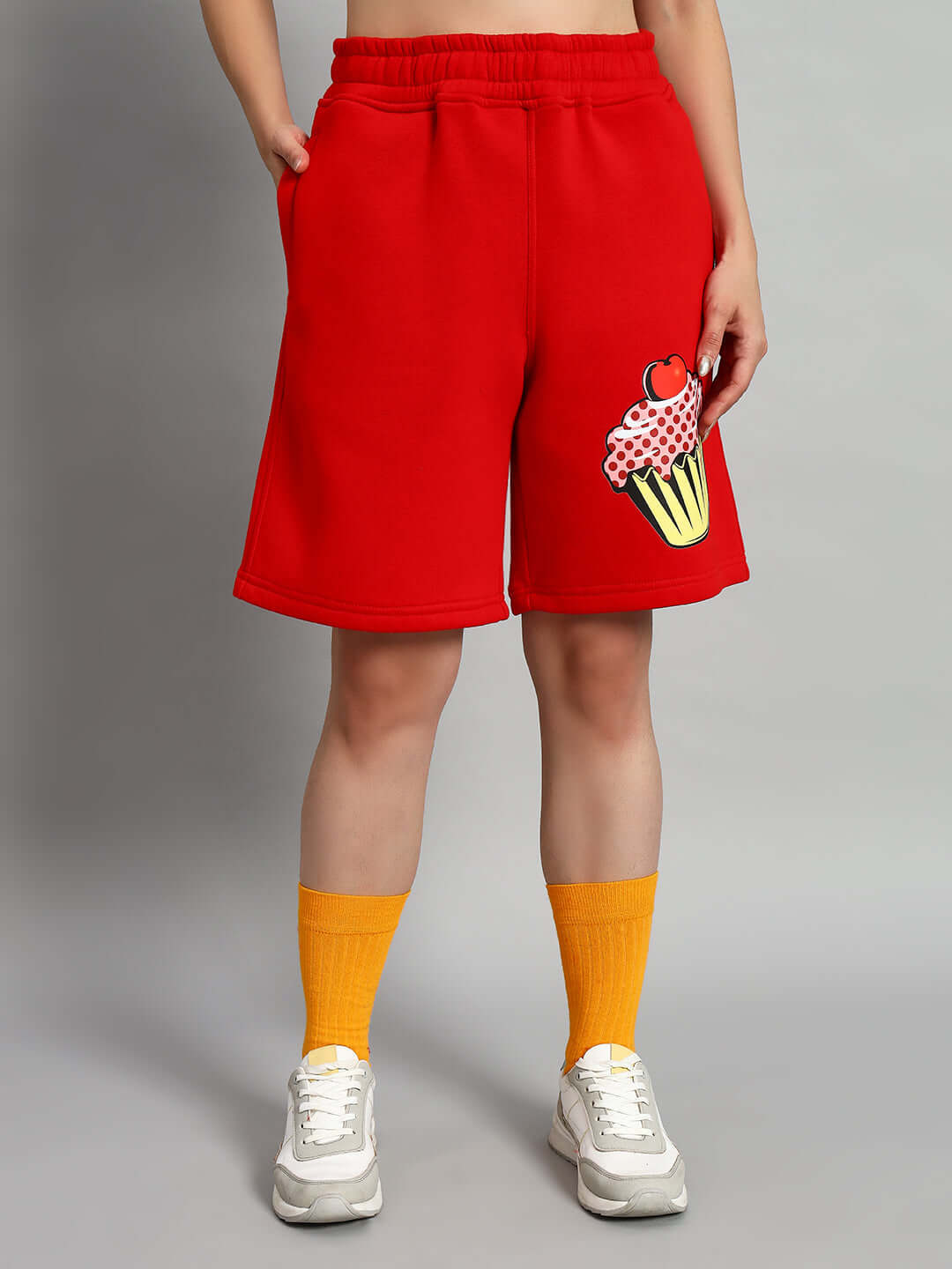 WOMEN CUPCAKE FLEECE CO-ORD RED shorts with cupcake design, perfect for casual wear and modern streetwear style.