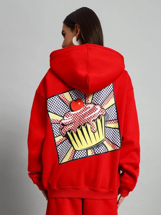 Back view of Women Cupcake Fleece Hoodie Red with pop art cupcake design, showcasing the bold and stylish streetwear look.