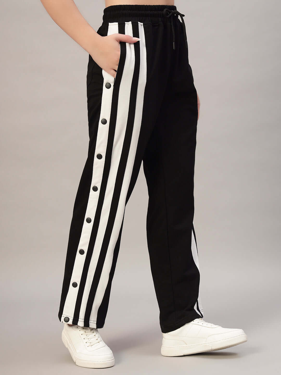 Women's Dancer Joggers in Black-White with side stripes and button details, custom fit available. Perfect for stylish comfort.