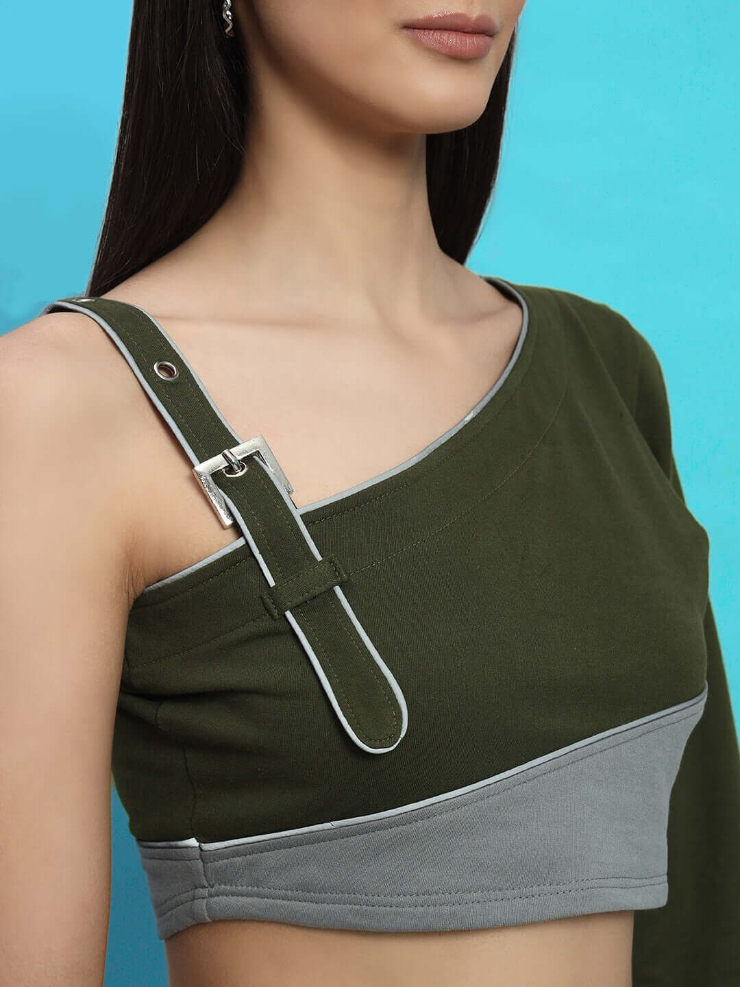 Close-up of WOMEN'S DANIEL CO-ORD SET OLIVE GREY top with strap detail.
