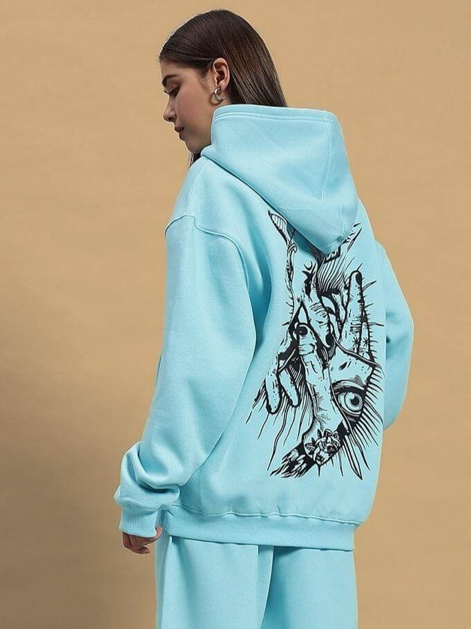 Back view of WOMEN DEMON FLEECE HOODIE SKY BLUE with unique graphic design, comfortable fit, worn by model. Perfect for custom orders.
