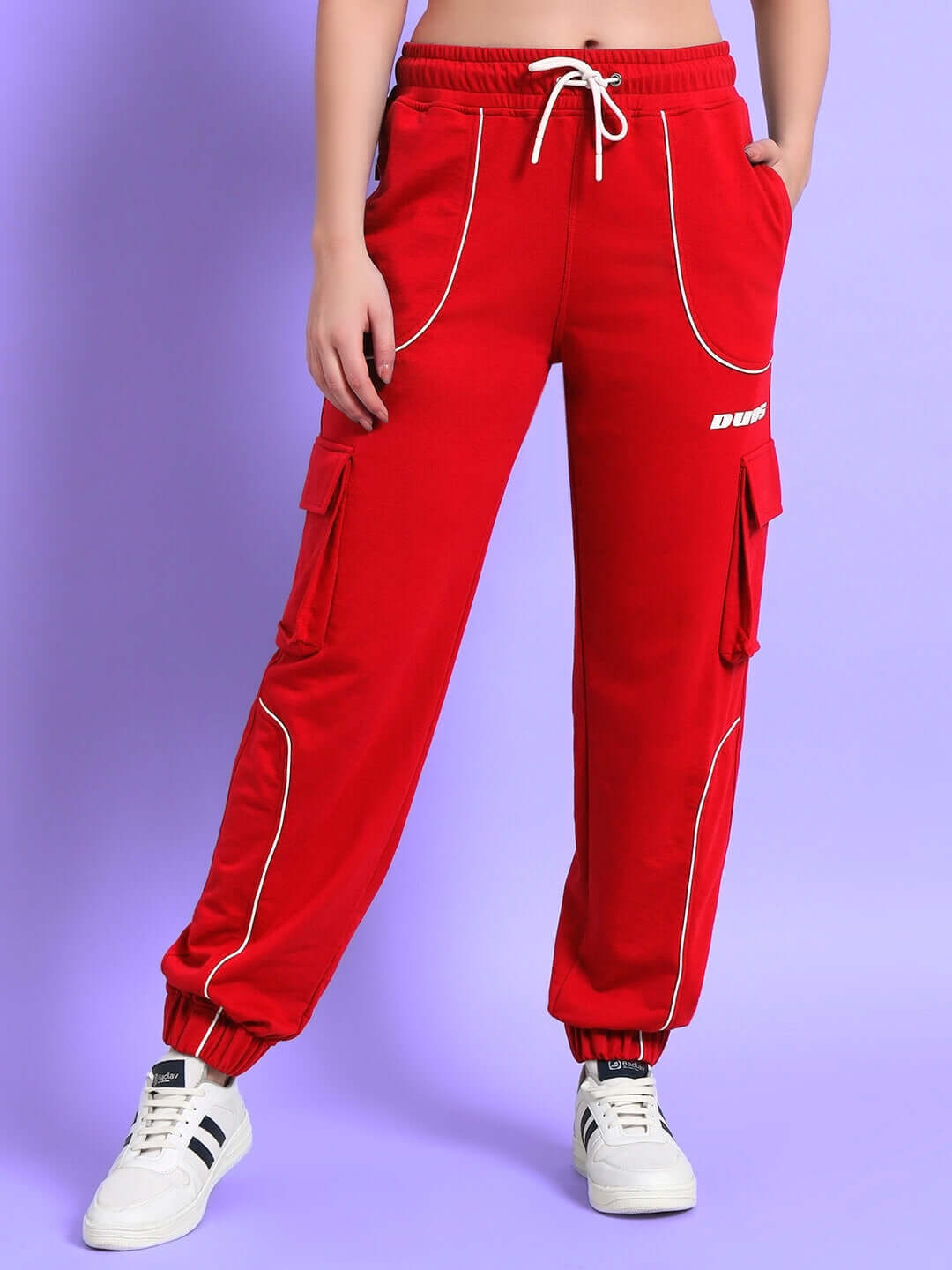 Women's Devono Relaxed-Fit Joggers in Red with white trim and pockets, styled for comfort and versatility.