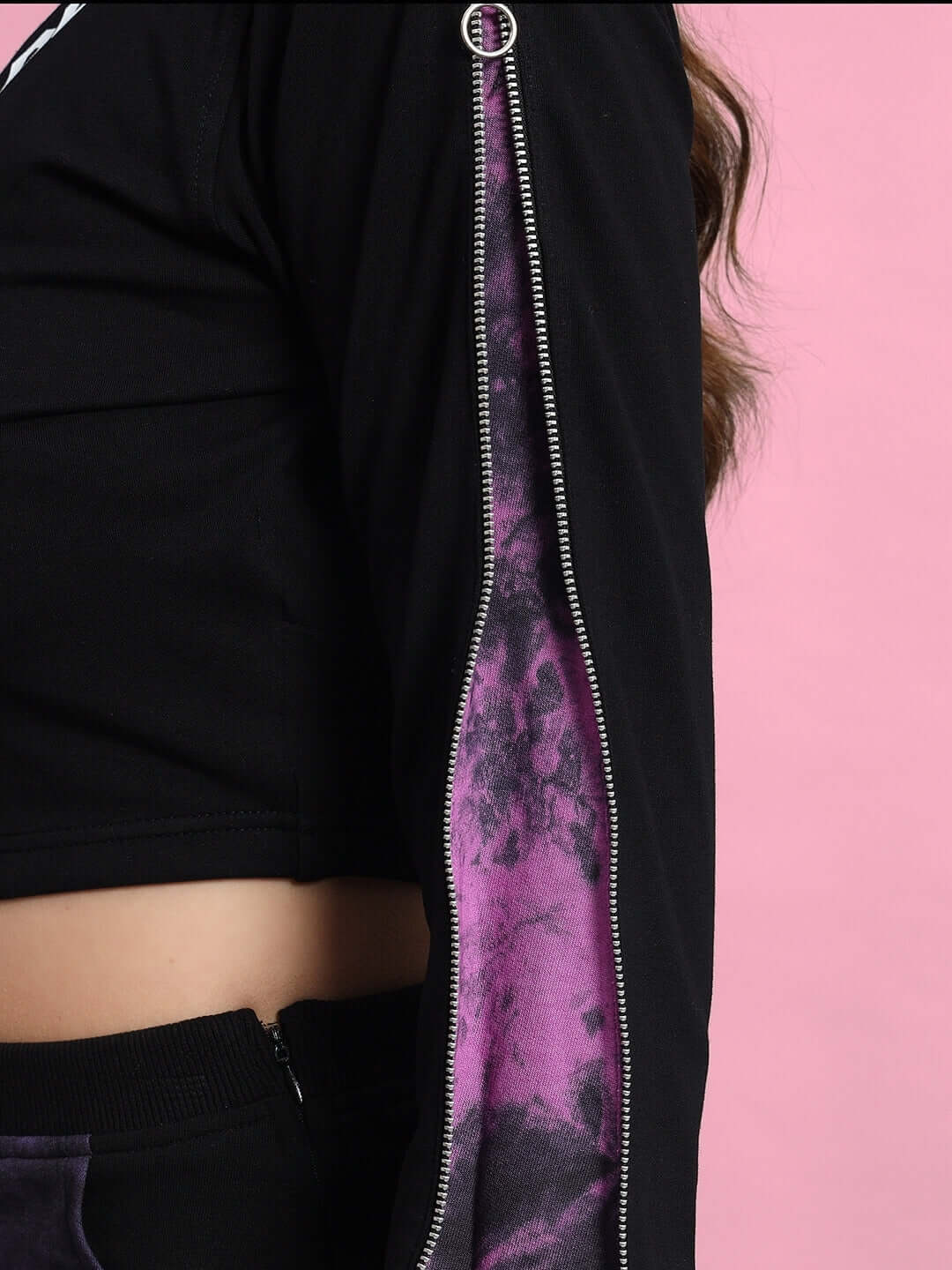 Women's Diana Co-Ord Set in black and purple with zip detail showcasing premium fabric.