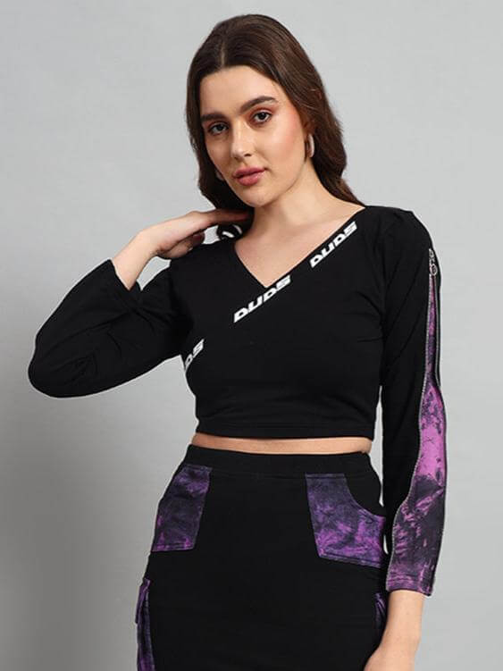 Model wearing Women's Diana Tie-Dye Crop Top in black-purple, showcasing premium heavy gauge cotton lycra fabric and stylish design.