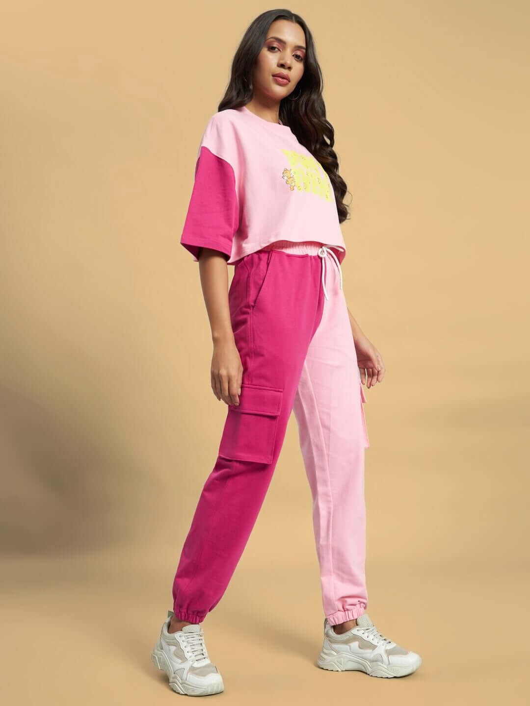 Women's pink co-ord set featuring a vibrant print, made with premium cotton terry lycra. Stylish and comfortable outfit.