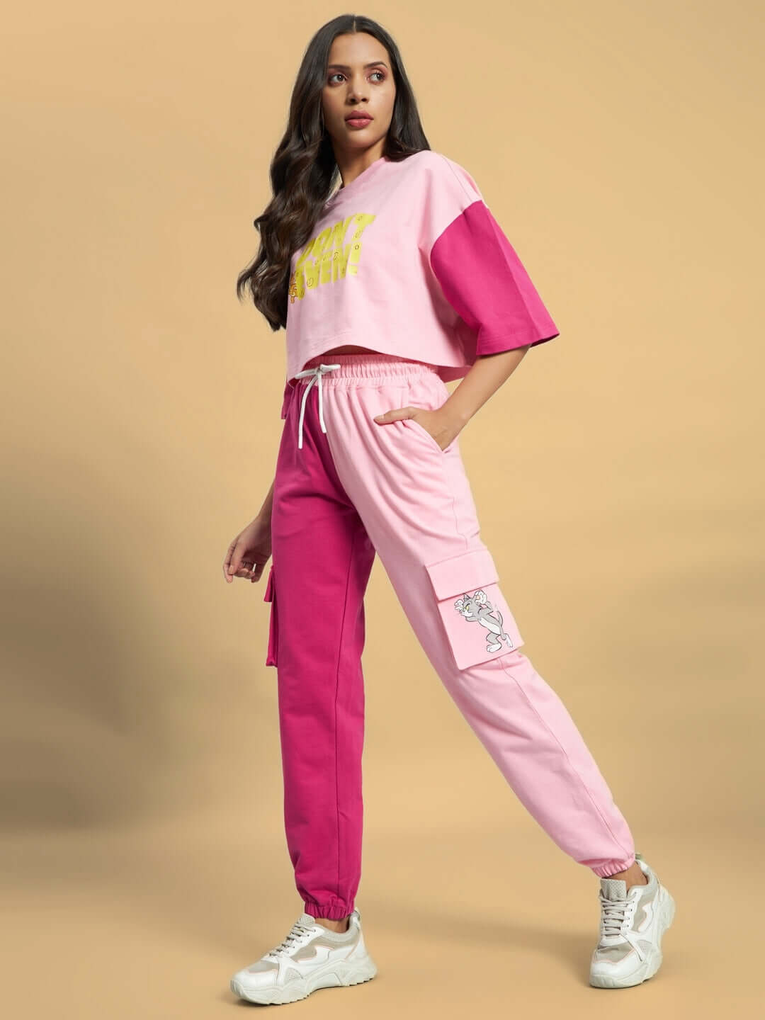 Women's pink co-ord set with print, featuring premium cotton French terry lycra, perfect for stylish casual wear.