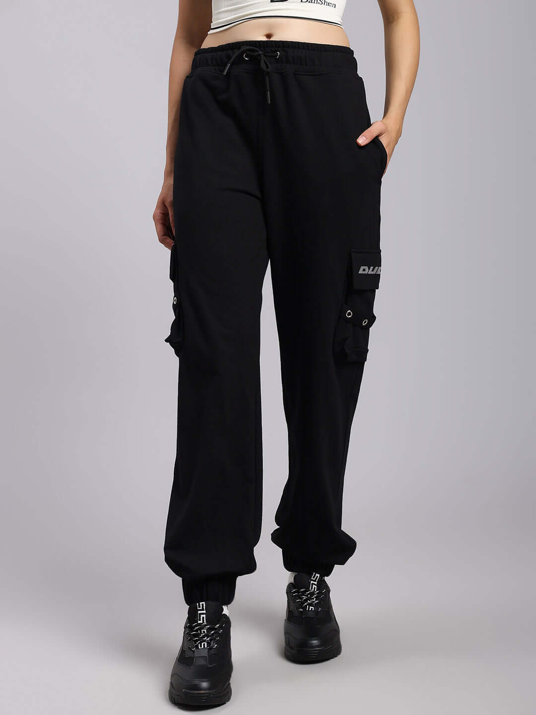 Black women's DUDS Commando Joggers with pockets, customizable size option, made-to-order for comfortable casual wear.