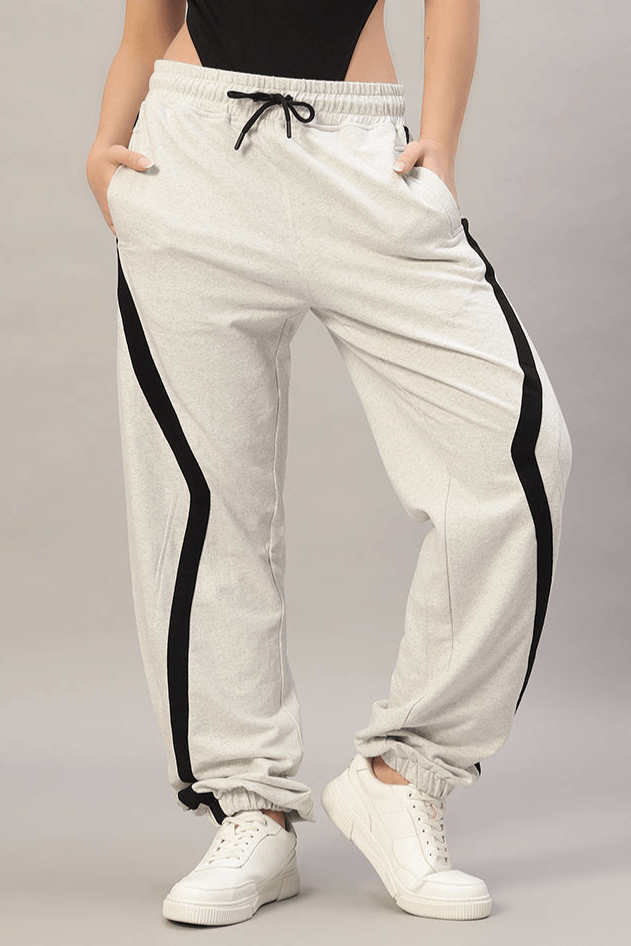 Women's DUDS Frame Joggers in melange grey with black stripes, tailored fit with drawstring and elastic cuffs, perfect for casual wear.