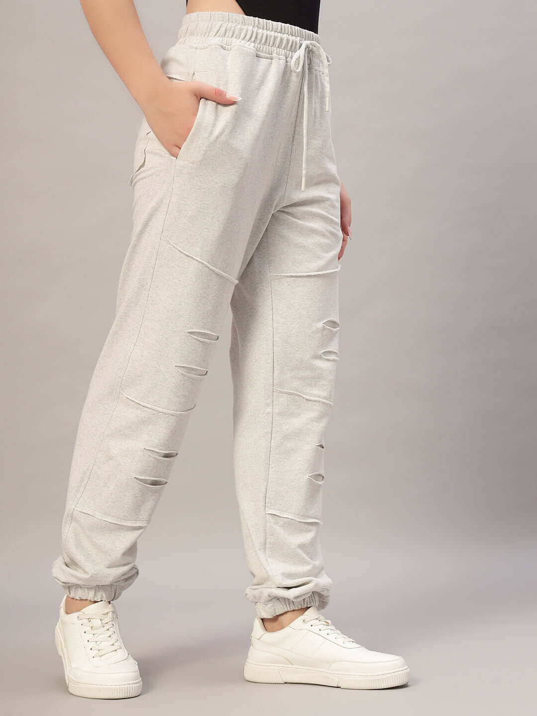 Women's DUDS Graze Joggers in melange grey with a ribbed waistband and side pockets.