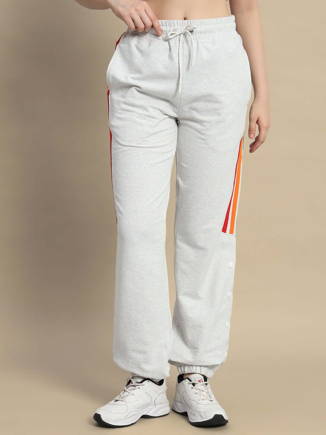 Women's grey joggers with colorful stripes, elastic waistband, perfect for casual wear and comfort by DUDS.
