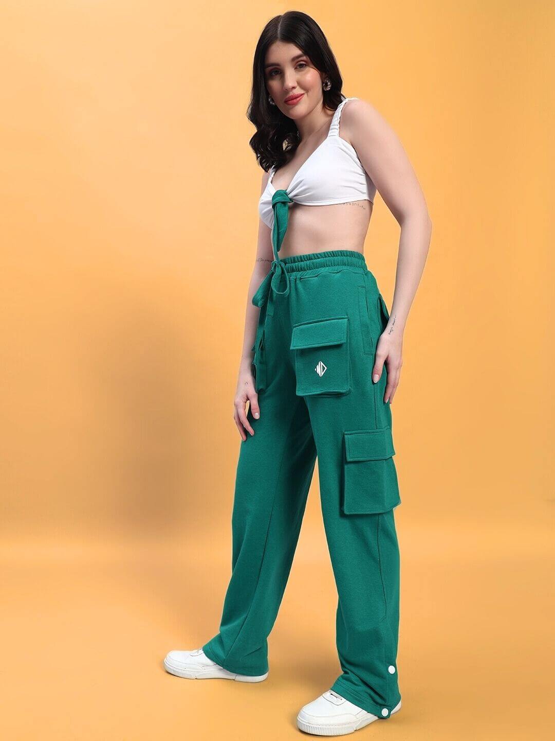 Model wearing WOMEN'S EASTON CO-ORD SET WHITE-GREEN featuring a white top and green pants, ideal for casual and stylish outings.