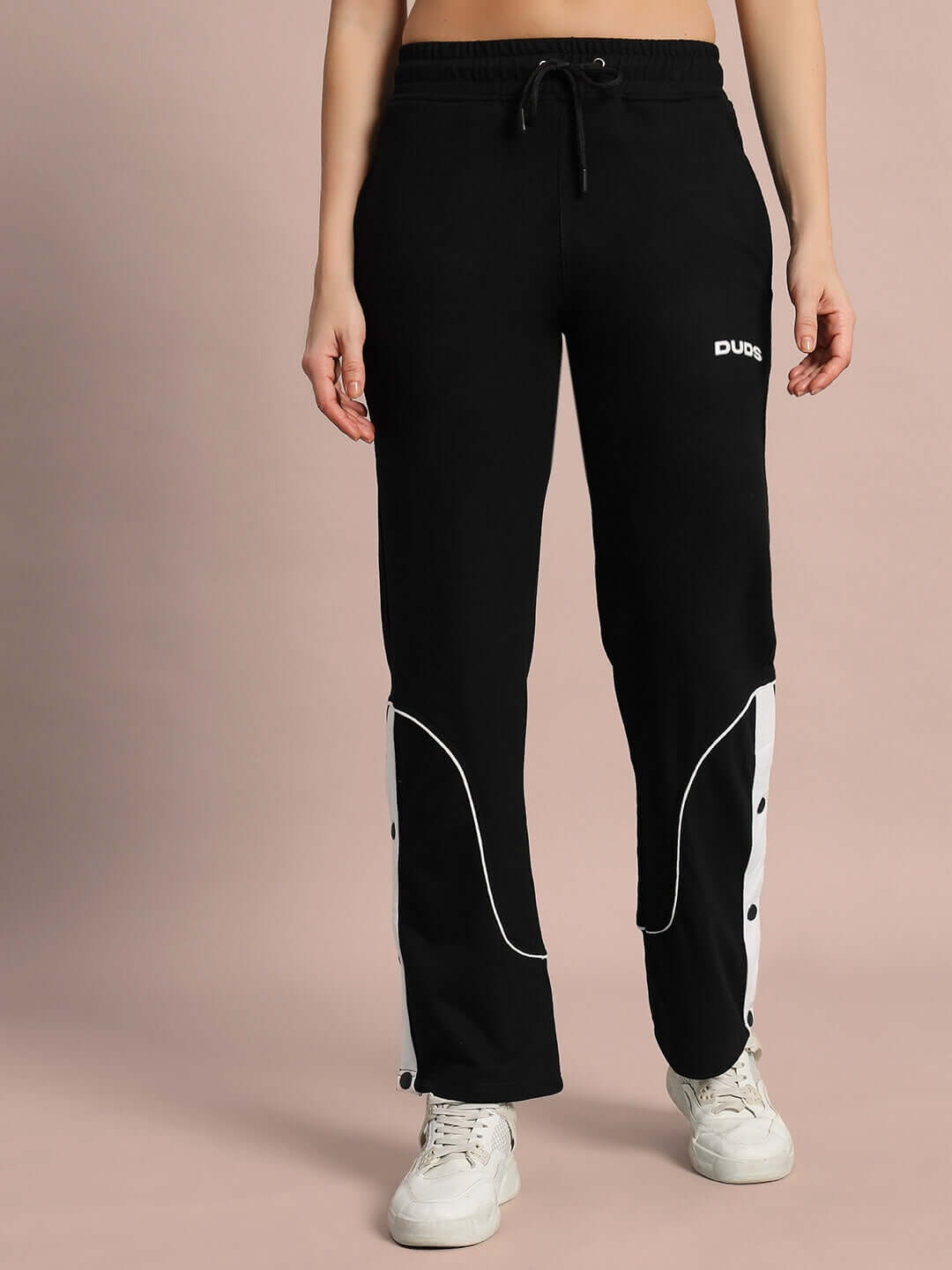 Women's Eddie Contrast Joggers in Black with White Detail, Made to Order by Experienced Tailors at DUDS, Custom Fit Option Available