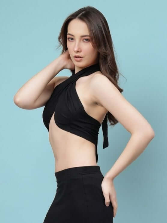Women's Erza Warp Crop-Top in black, side view showcasing premium cotton fabric and stylish design.