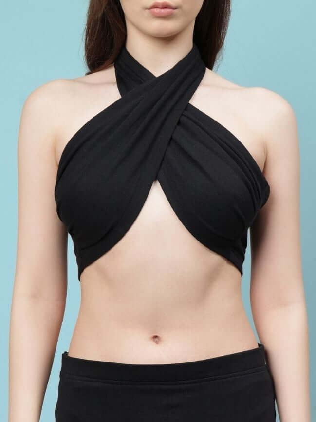 Women's black Erza Warp crop-top made from 100% cotton, featuring a stylish wrap design. Premium heavy gauge fabric. Cold machine washable.