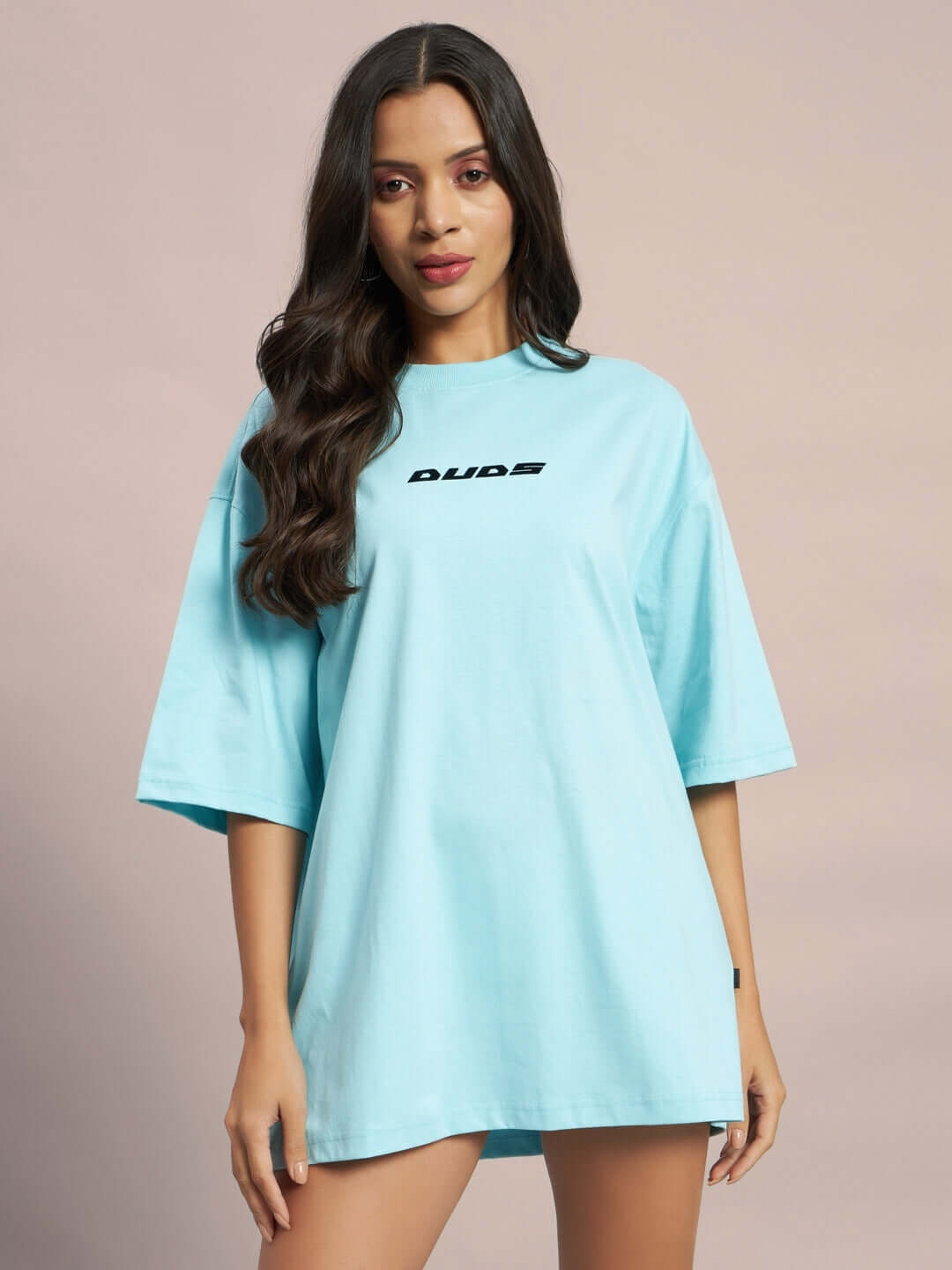 Women's ethereal creatures over-sized sky blue t-shirt with dud's logo, comfortable fit, customizable size, ideal for casual wear.