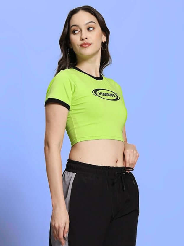 Neon green women's crop top with black trim, featuring premium cotton blend fabric and modern design.