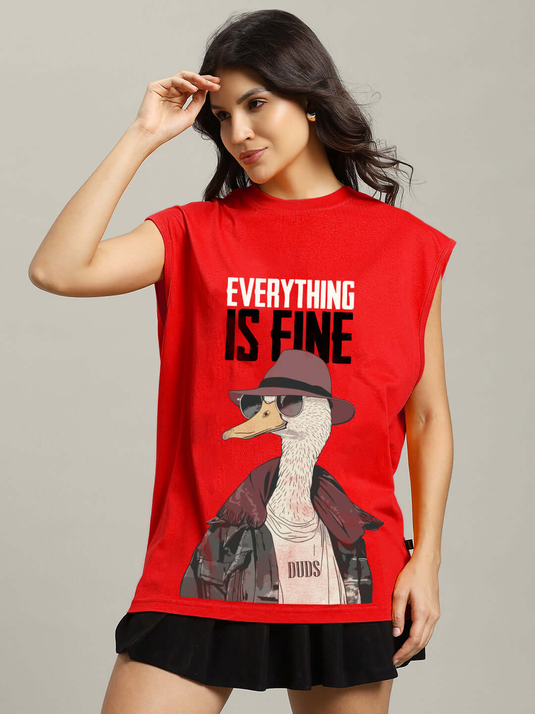 Red women's gym t-shirt with Everything Fine graphic design, customizable size option, worn by model, perfect for workouts.