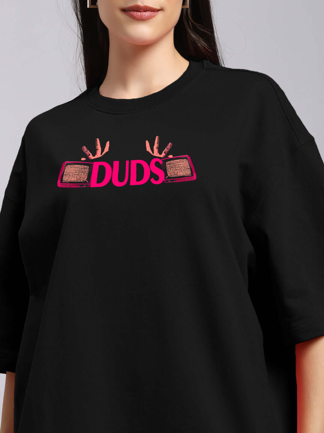 Women's Eyeconic Oversized Printed Black T-Shirt with Pink Logo and Embellishment, Premium Cotton Blend, Casual Style