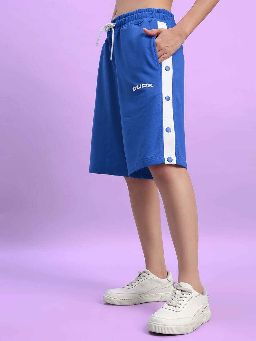 Women's blue regular fit shorts by Duds with custom fit option, featuring side buttons and elastic waistband, ideal for casual wear.