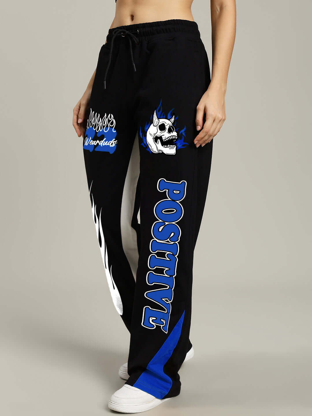 Women's Fearless Contrast Joggers in black and blue with positive lettering and graphic design, relaxed fit by DUDS.