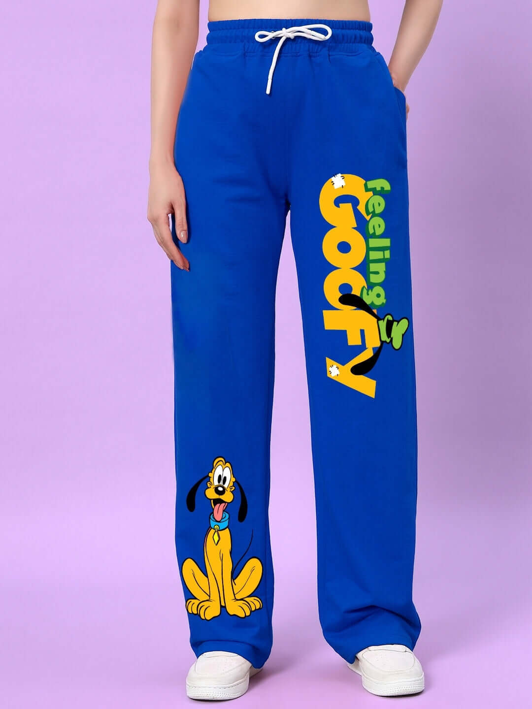 Blue women's jogger pants with 'Feeling Goofy' print and cartoon character, relaxed fit, customizable size option available.
